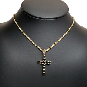 22" Womens 2ct Black Onyx 14K Gold Braided Rope Chain Cross Pendant Necklace NEW